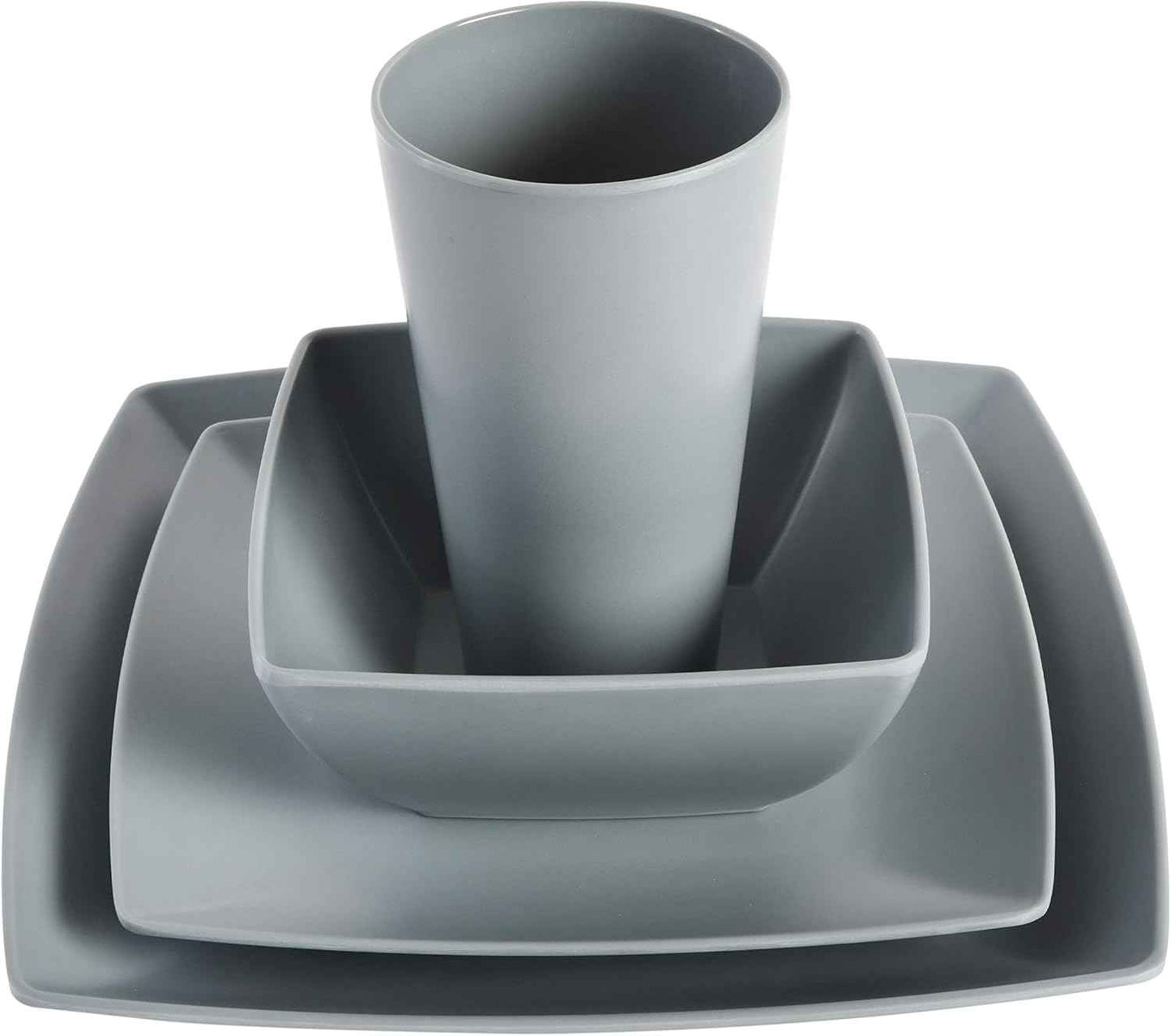 Gibson Home Soho Grayson Square Melamine Plastic Dinnerware Set, Service for Four (16pcs), Grey