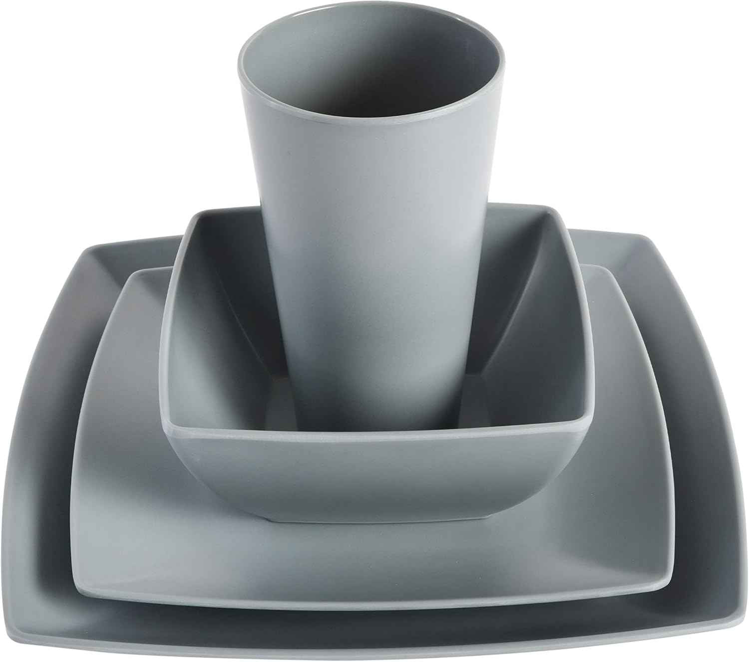 Gibson Home Soho Grayson Square Melamine Plastic Dinnerware Set, Service for Four (16pcs), Grey