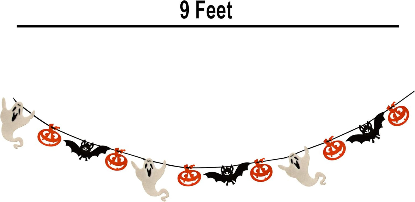 Gift Boutique - 9 Foot Halloween Garland Felt Banner Chain Decorations Indoor & Outdoor Party Supplies 18 Feet Total Pack of 2 Designs Skeletons Bat Pumpkin Ghost