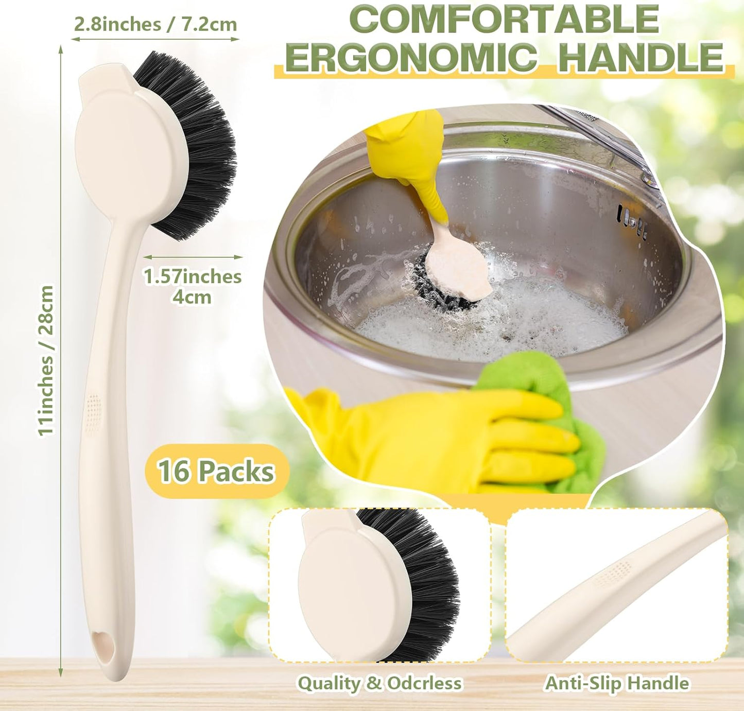 16 Pack Dish Brush with Handle Dish Scrubber Brush with Built-in Scraper Kitchen Scrub with Stiff Bristles Long Scrubber for Home Restaurant Pot Sink Washing Cleaning Supplies, Beige