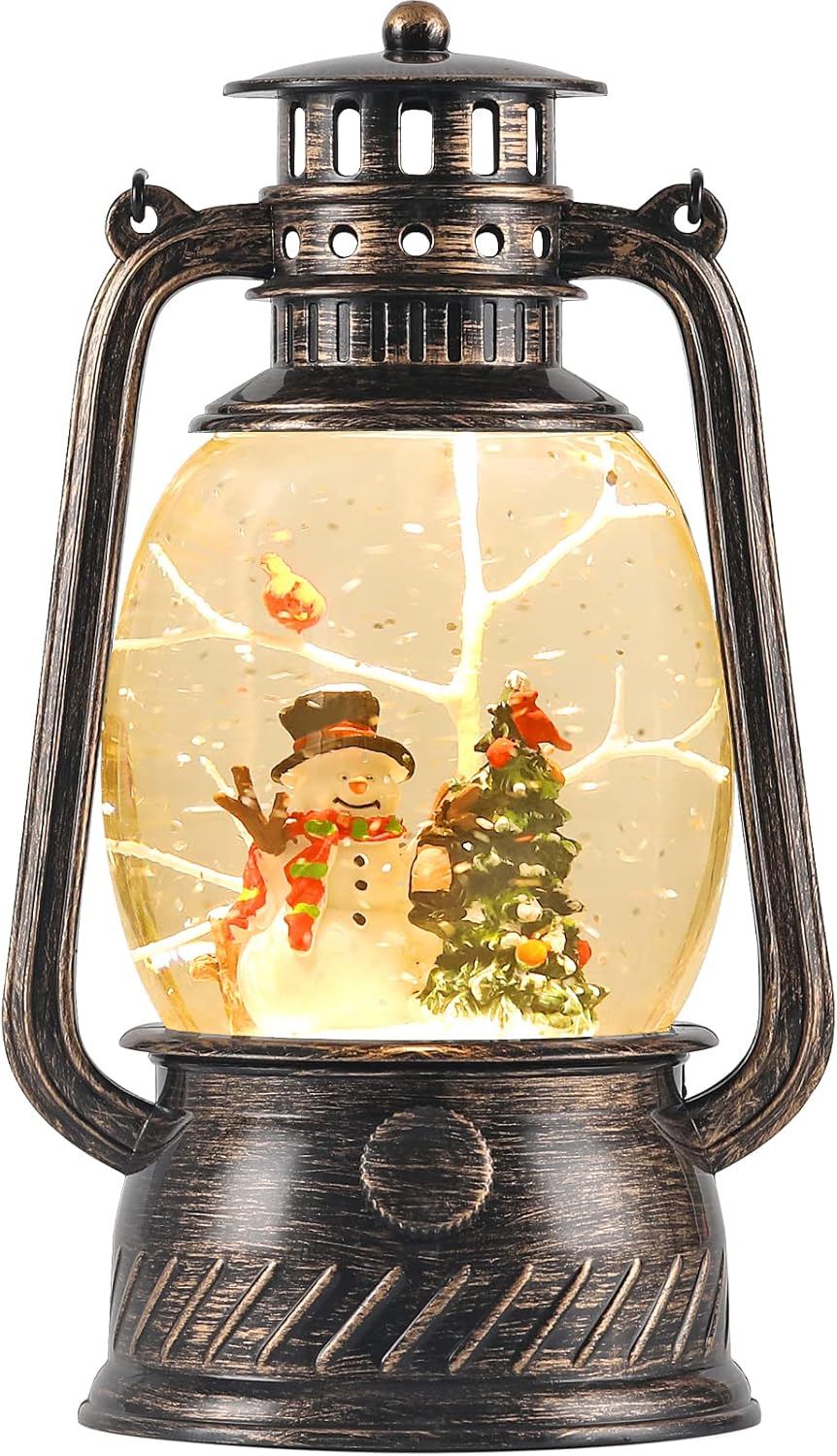 Christmas Snow Globe Lantern with Swirling Glitter and Battery & USB Powered Light 6H Timer for Christmas Home Decoration and Gift (Christmas Tree and Snowman)