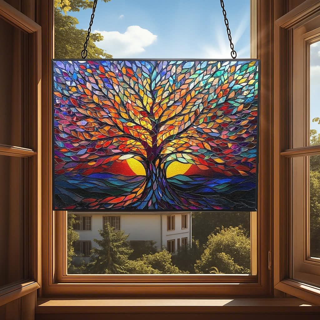 Rectangle Tree of Life Stained Glass Window Hanging, 15" W X 11" H Stained Glass Panel with Chain, Suncatchers for Windows Hanging Decorations, Gifts for Mom, Grandma, Wife, Sister