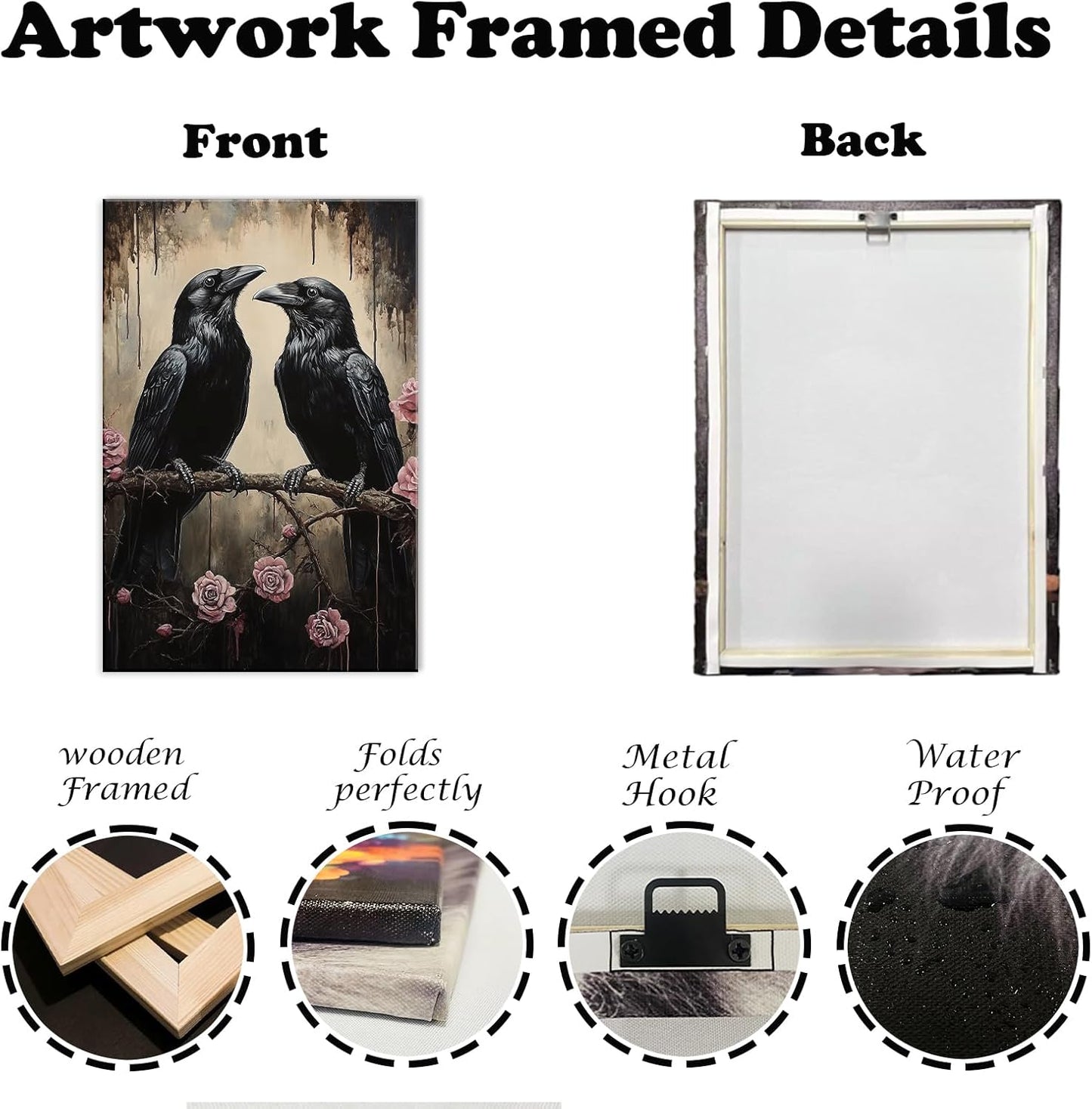 OAAPITI Crow Canvas Wall Art Black Raven Picture Print Pink Rose Poster Vintage Gothic Painting Artwork for Living Room Halloween Decor(Artwork-6,24"x36")