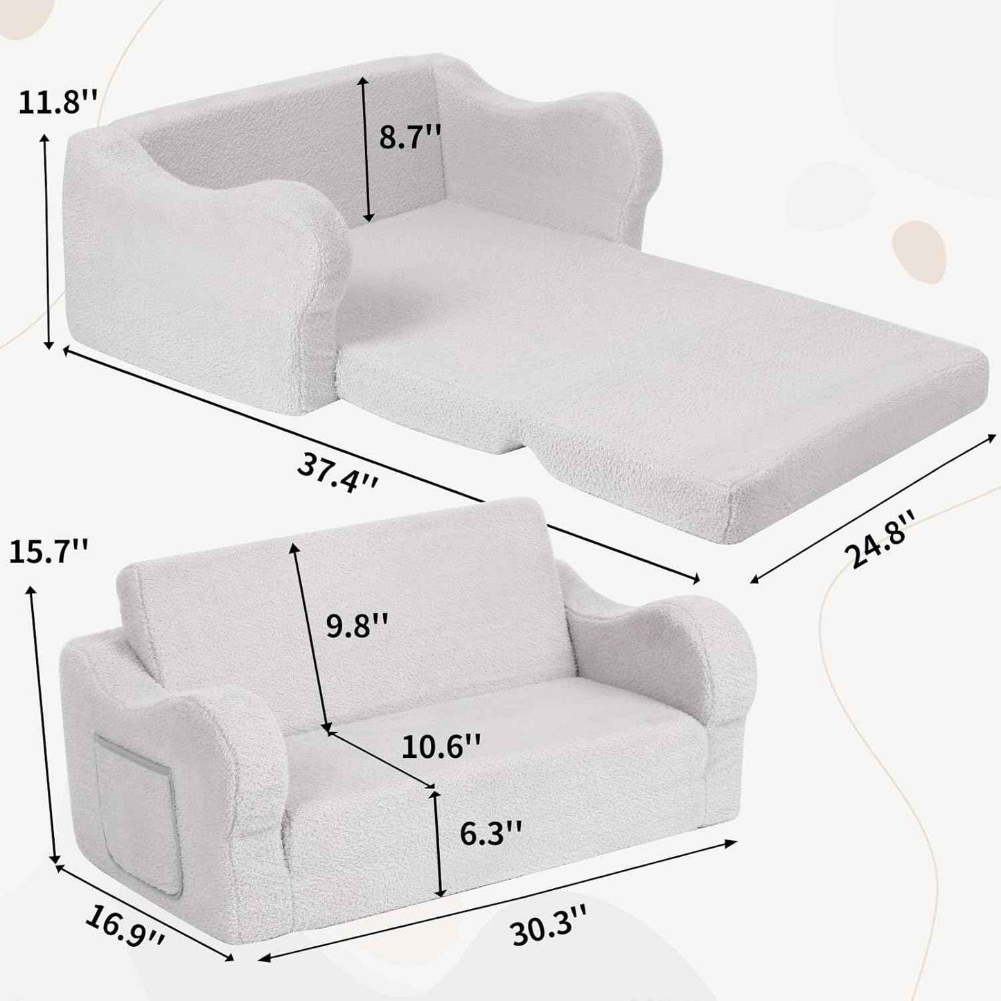 Extra Wide Toddler Chair, 2-in-1 Toddler Couch Fold Out, Convertible Sherpa Sofa to Lounger for Boys & Girls, Grey
