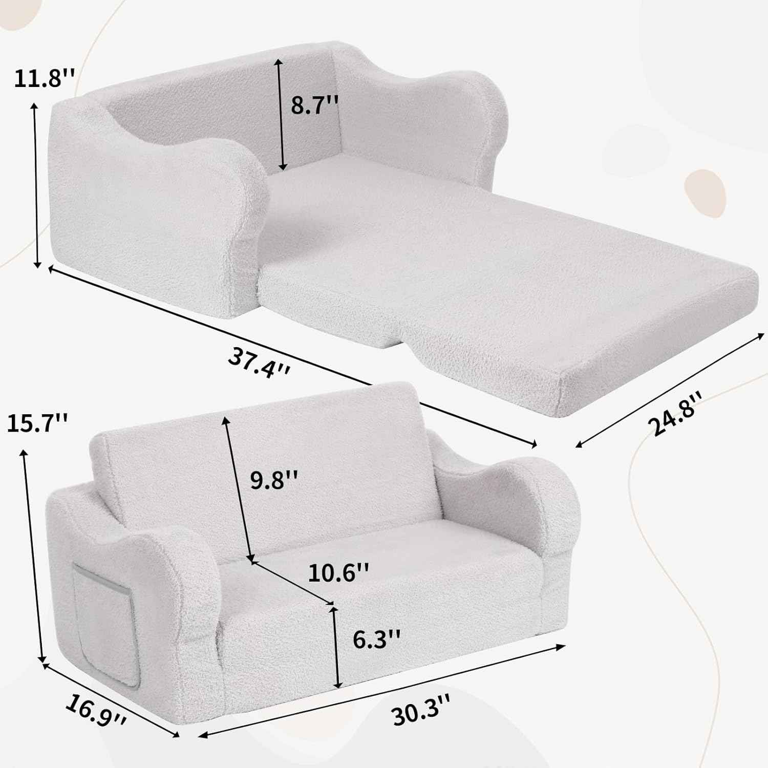 Extra Wide Toddler Chair, 2-in-1 Toddler Couch Fold Out, Convertible Sherpa Sofa to Lounger for Boys & Girls, Grey