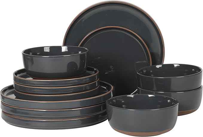 Gibson Elite Northrock Stoneware Dinnerware Set, 12-Piece Service for 4 Plates and Bowls Set – Charcoal Blue Dishes with Hand-Painted Terracotta Base