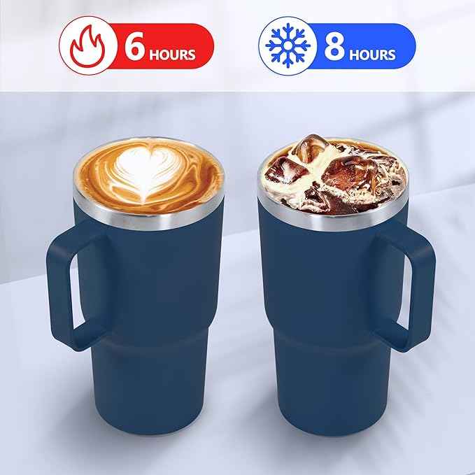 20 oz Tumbler with Handle, insulated cup coffee mug with lid, straw and handle, Double Wall Stainless Steel Vacuum Coffee Tumbler travel mug spill proof, 1pcs Navy Blue