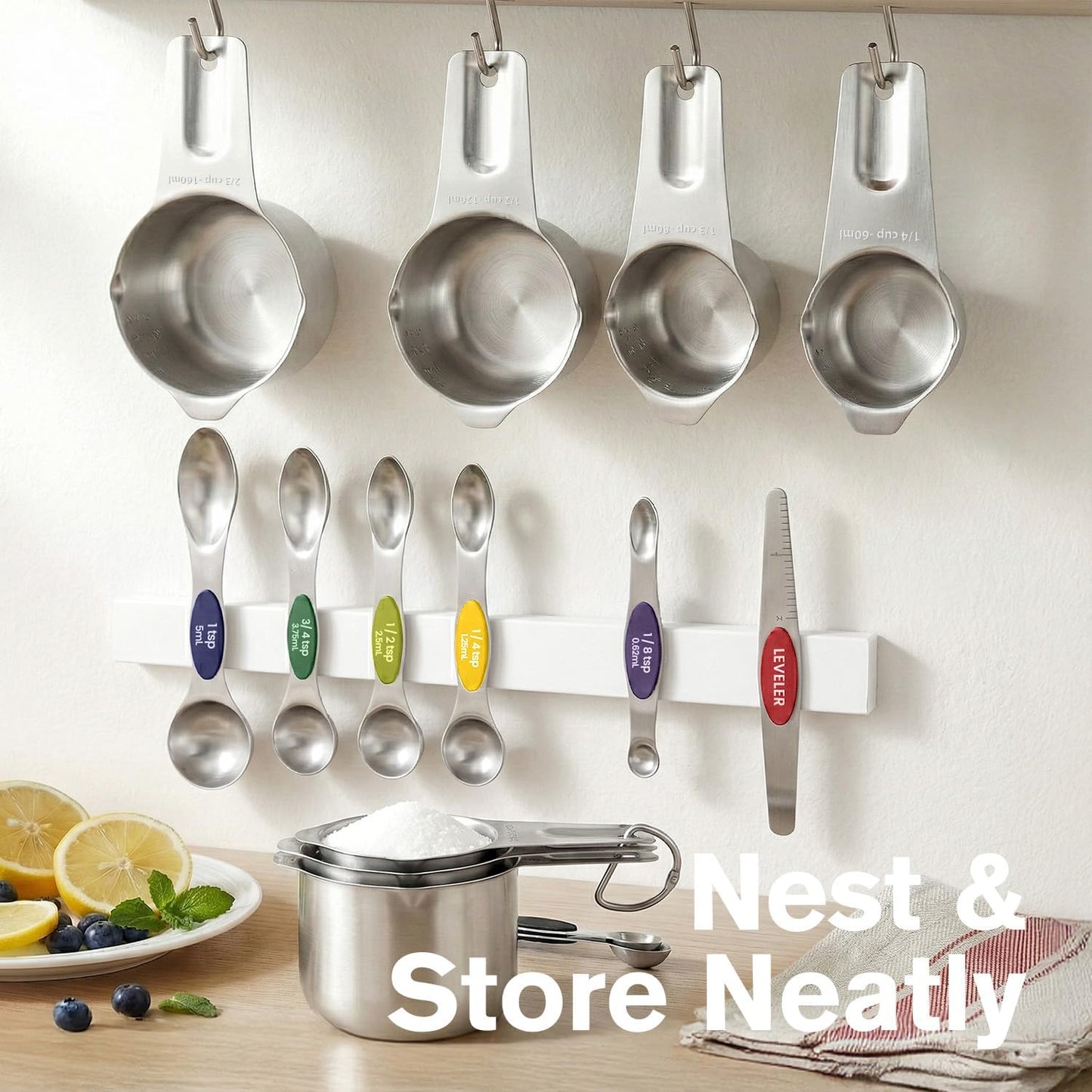 ChefAide Measuring Cups and Spoons Set, 304 Stainless Steel Measuring Cups Set of 7,8 Magnetic Stainless Steel Measuring Spoons & 1 Leveler for for Measure Dry and Liquid Ingredients