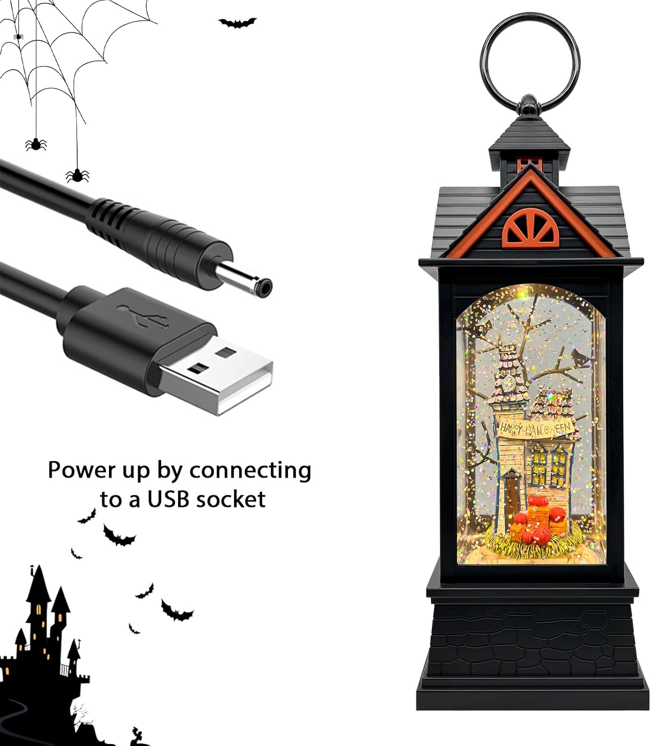 Halloween Snow Globe Lantern with 6 Hour Timer,Halloween Decorations Indoor for Home,Halloween Decor,USB or Battery Powered for Halloween Lanterns,Halloween Spooky Town