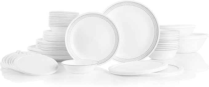 Corelle Vitrelle 78-Piece Service for 12 Dinnerware Set, Triple Layer Glass and Chip Resistant, Lightweight Round Plates and Bowls Set, Mystic Gray