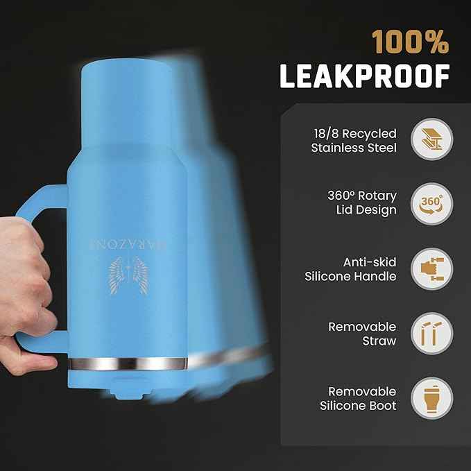 MARAZONE 40oz Stainless Steel Travel Tumbler with Handle, Three-Position Lid, Straw with Silicone Tip, Vacuum Insulated Water Bottle for Hot & Cold Drinks, Great Gifts for Mom, Sky Blue