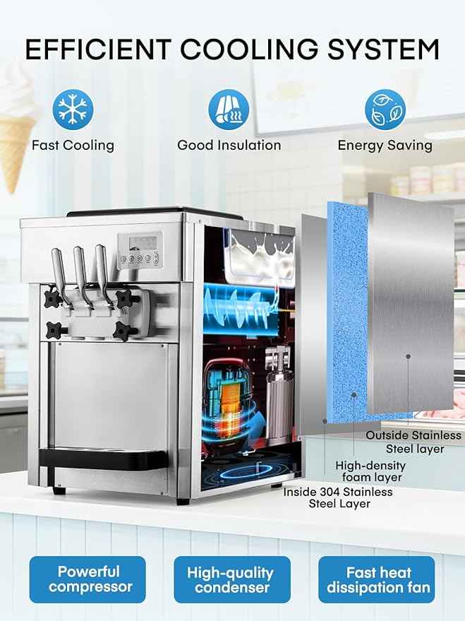 Commercial Ice Cream Machine 5.3-7.4 Gal/H, 3 Flavors Countertop Soft Serve Ice Cream Machine with 8L Hopper, Auto Clean Ice Cream Maker With Pre-Cooling for Snack Restaurants Bars, 1800W