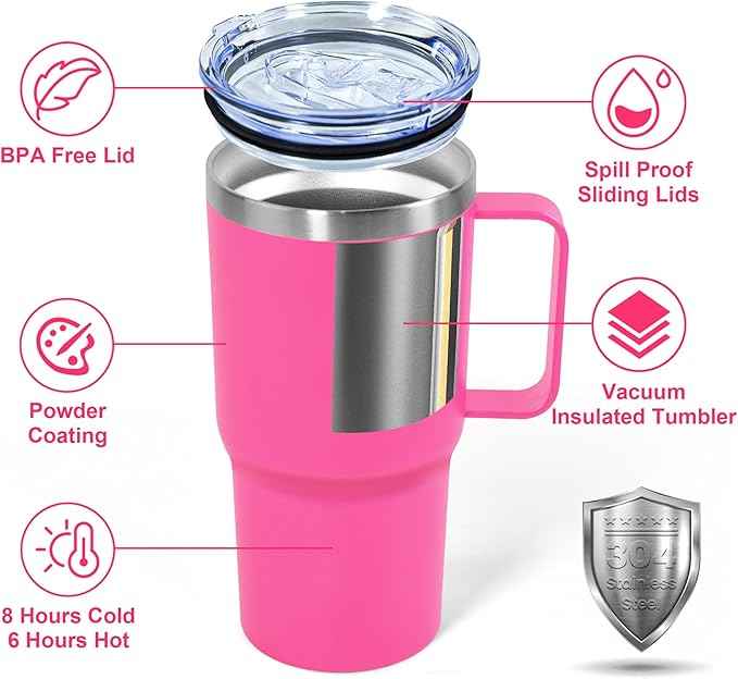 20 oz Tumbler with Handle, insulated cup coffee mug with lid, straw and handle, Double Wall Stainless Steel Vacuum Coffee Tumbler travel mug spill proof, 1pcs Rose Red