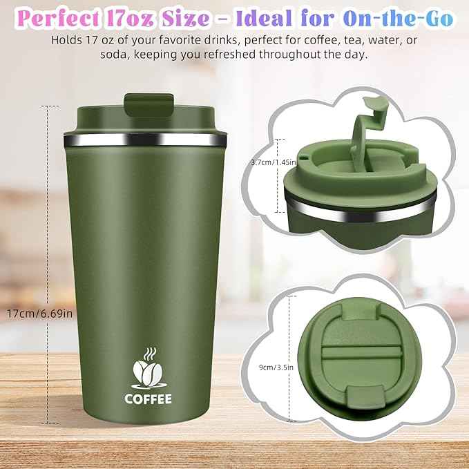 17oz Insulated Travel Coffee Mug with Flip Lid – Leakproof Stainless Steel Insulated Coffee Tumblers, Reuable Coffee Cup for Hot & Cold Drinks, Perfect for Camping & On-the-Go