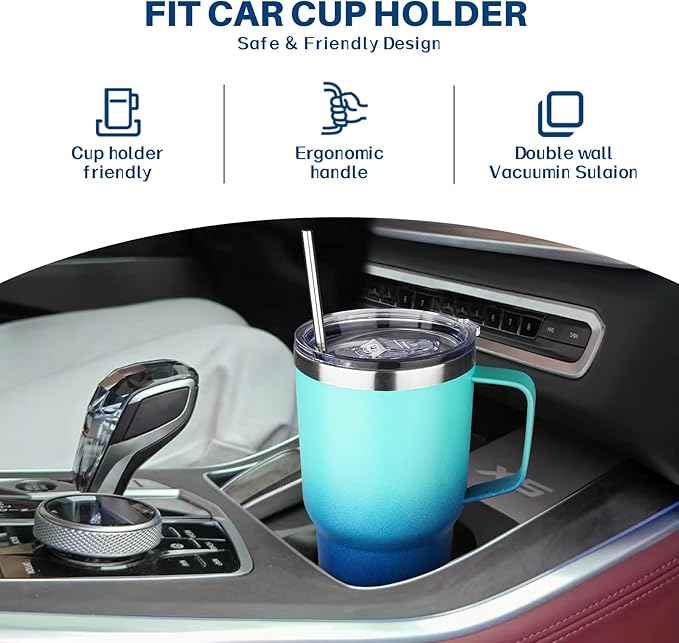30 oz Stainless Steel Tumbler with Handle, Double Wall Vacuum Insulated Coffee Mug with Lid and Straw, Thermal Cup for Cold and Hot (Light Dark Blue)