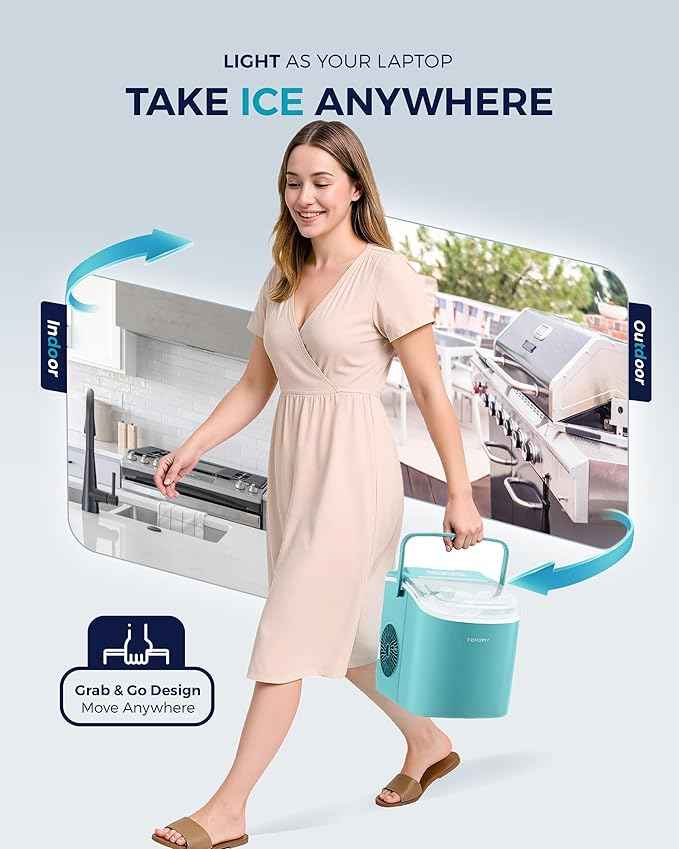 EUHOMY Countertop Ice Maker Machine with Handle, 26lbs Per Day, 9 Ice Cubes Ready in 6 Mins, Auto-Cleaning Portable Ice Maker with Basket and Scoop, for Home/Kitchen/Camping/RV (Green)