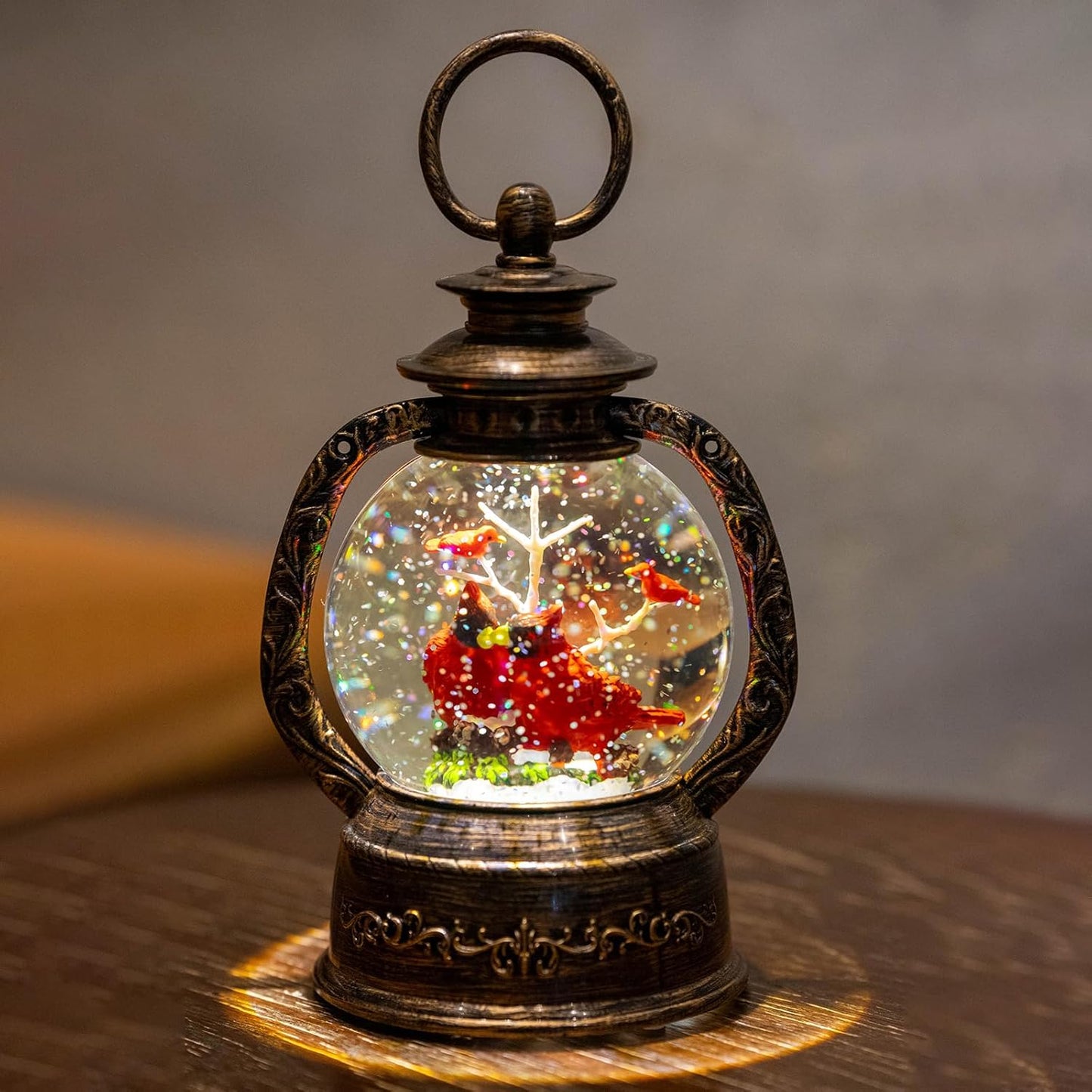 Christmas Snow Globe Lantern Water Glittering Cardinal with Music, USB Lined/Battery Operated Lighted Lantern for Christmas Festival Decoration Gifts