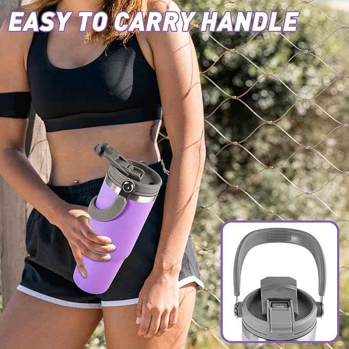 30 oz Tumbler with Handle and Straw Lid, Double Walled Vacuum Insulated Water Bottle Leakproof Tumbler Travel Coffee Mug Thermal Cup, Cupholder Friendly for Office, Home, Sport, Purple