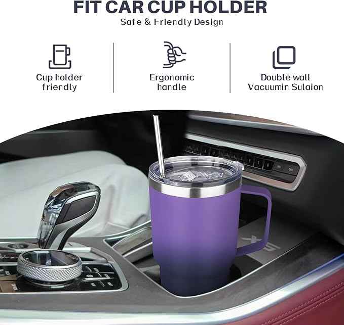 30 oz Stainless Steel Tumbler with Handle, Double Wall Vacuum Insulated Coffee Mug Tumbler with Lid and Straw, Thermal Cup for Cold and Hot (Purple Navy Blue)