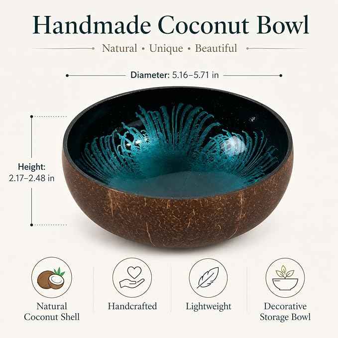 ChezMax Natural Coconut Bowl With Mother of Pearl Inlaid Shell - Key Holder for Entryway Table, Candy Container, Nuts and Dry Snacks Storage - Round Handcrafted Decoration