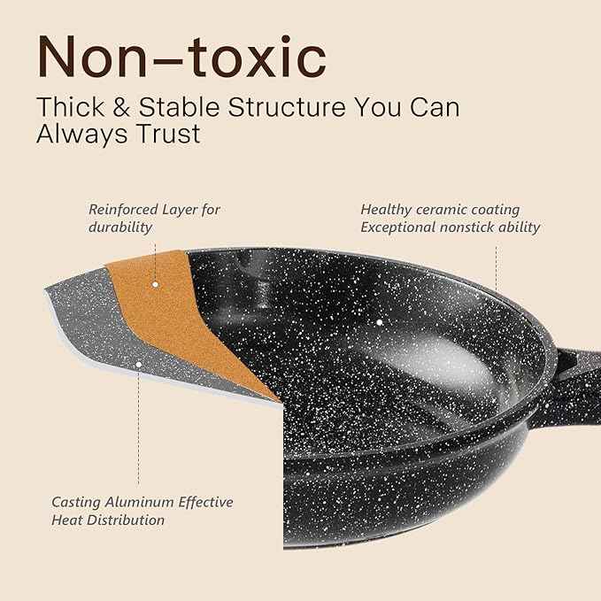 Pots and Pans Set Nonstick 22 Pcs, Ceramic cookware set Non-Toxic Coating Inky Granite Kitchen Cookware Set, Induction Kitchen Cooking Set w/Frying Pans, Saucepans & Glass Lids, PFOS & PFOA Free