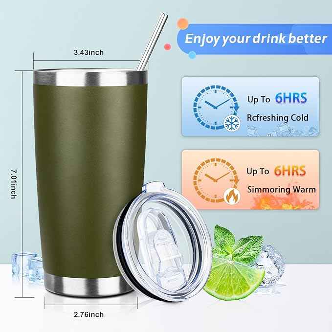 20oz Tumbler with Straw and Brush, Stainless Steel Vacuum Insulated tumbler, Double Wall Insulated Coffee Tumbler for Outdoor, Home, Travel,Office (Army Green,4pcs)
