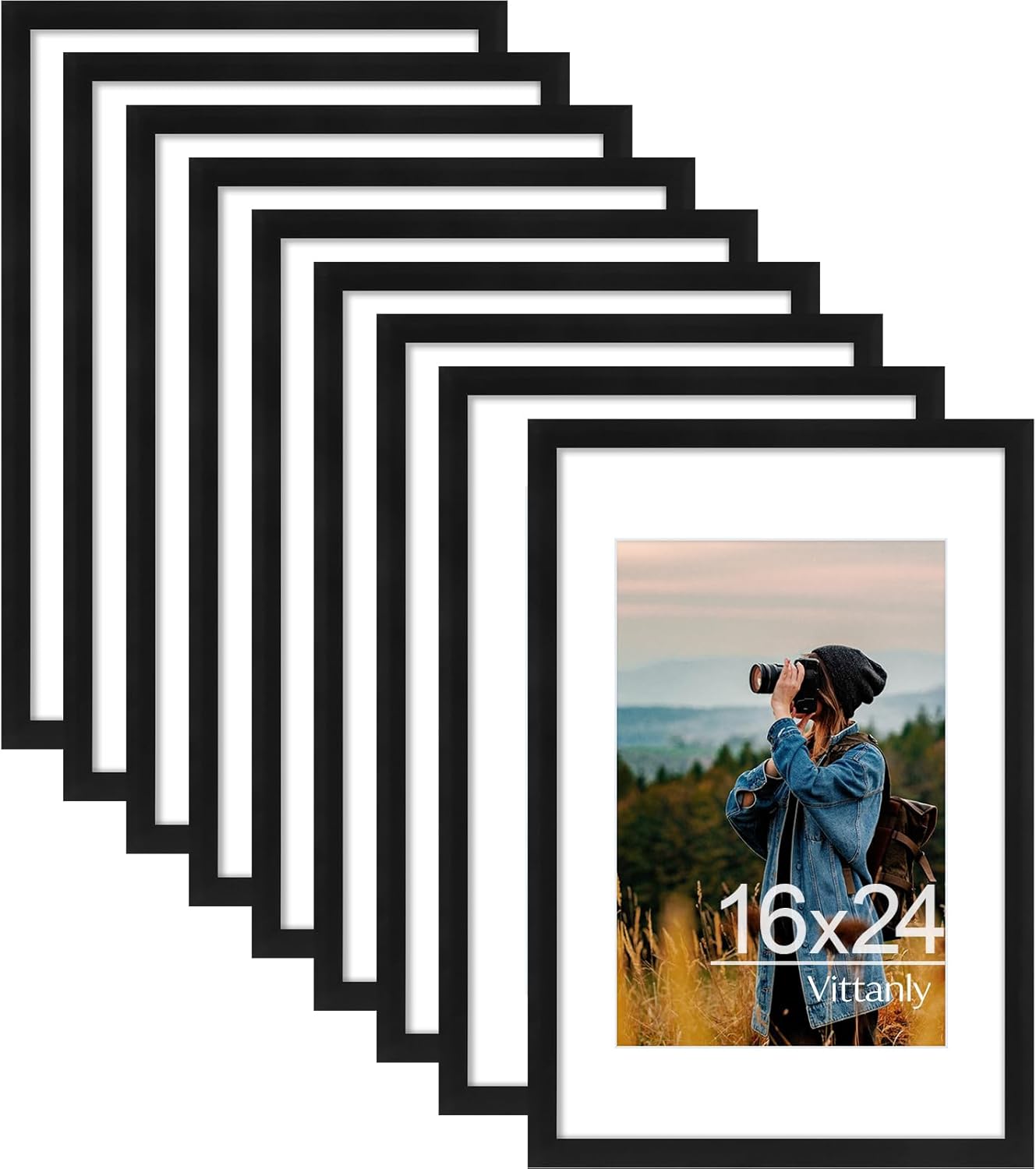 Vittanly 16x24 Picture Frames Set of 9, Shatter Resistant Plexiglass, Display 12x18 Pictures with Mat or 16x24 without Mat, Photo Frames for Wall or Tabletop, PVC Frame, Black