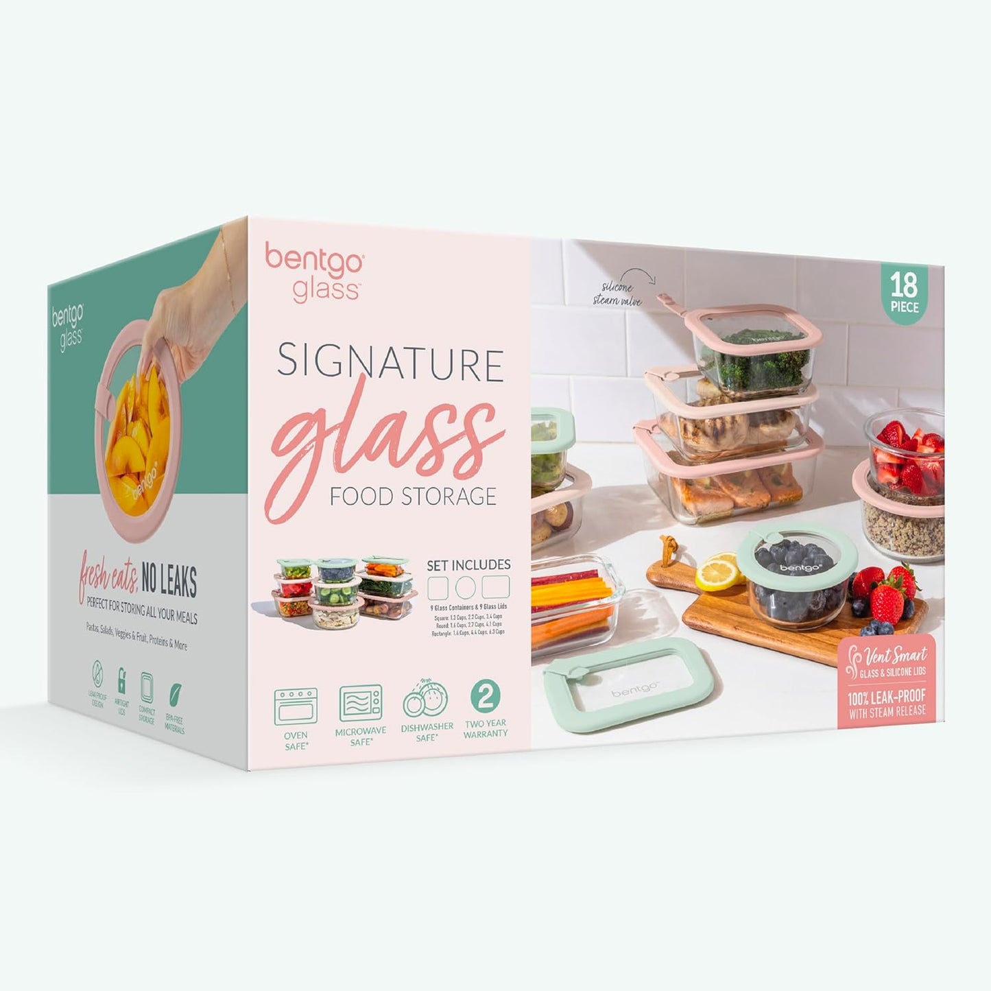Bentgo Signature Leak-Proof Glass Food Storage - 18-Piece Set, 1-Compartment Plastic-Free Containers with Airtight Glass Lids, BPA-Free, Microwave, Freezer, Oven & Dishwasher Safe (Desert Sage)