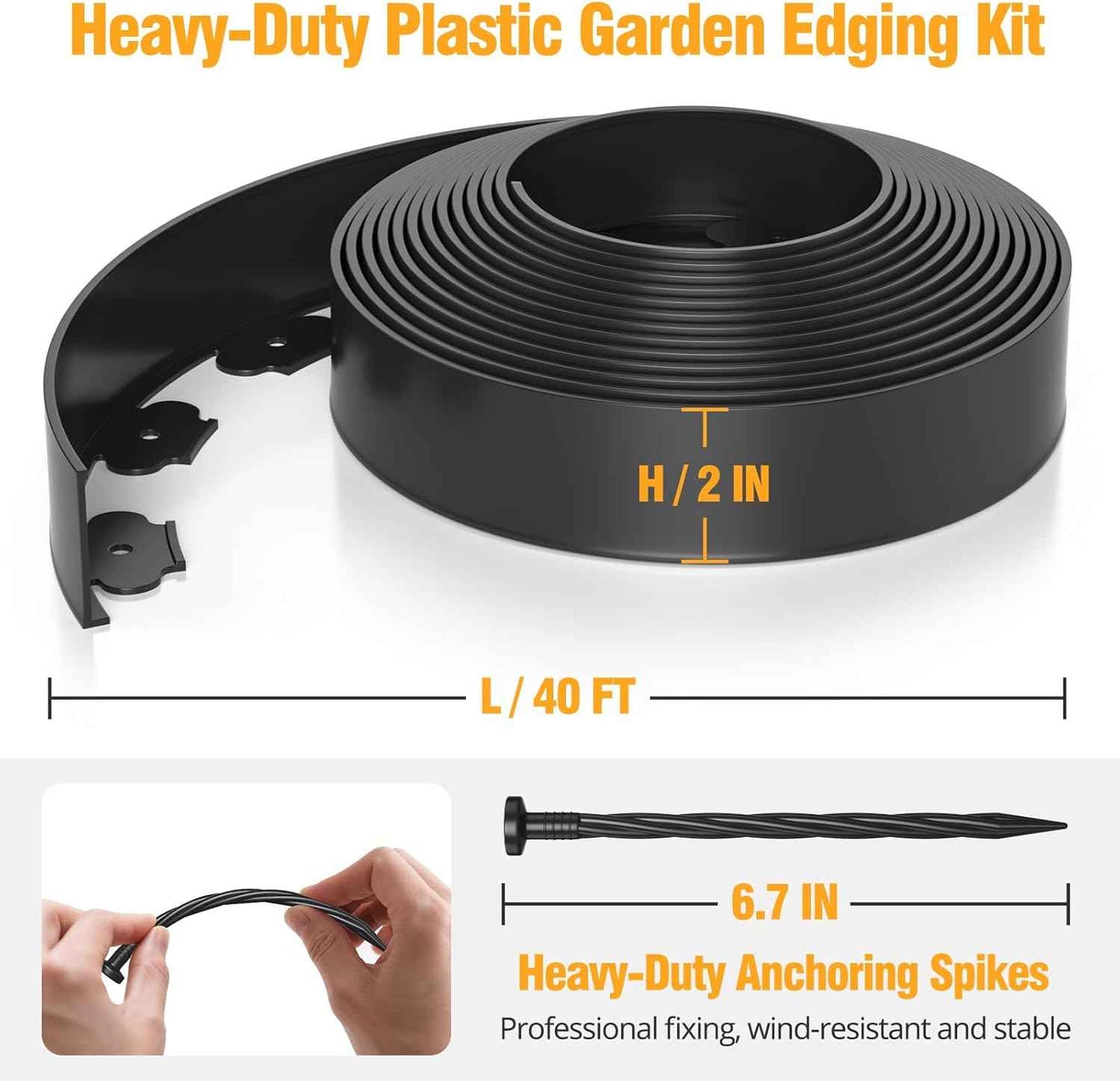 40FT Landscape Edging No-Dig, 2 Inch Tall Heavy Duty Plastic Garden Edging Border with 40 Anchoring Spikes for Lawn, Flower Bed & Decorative Yard