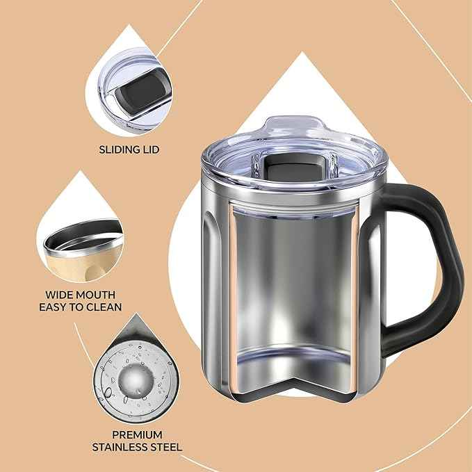 Ideus 16 oz Coffee Cup, Stainless Steel Coffee Travel Mug, Spill Proof Tea Mug with Handle and Lid, Lightweight and Durable, Great for Office Home and Outdoor Use, Golden-FUJI FLOW