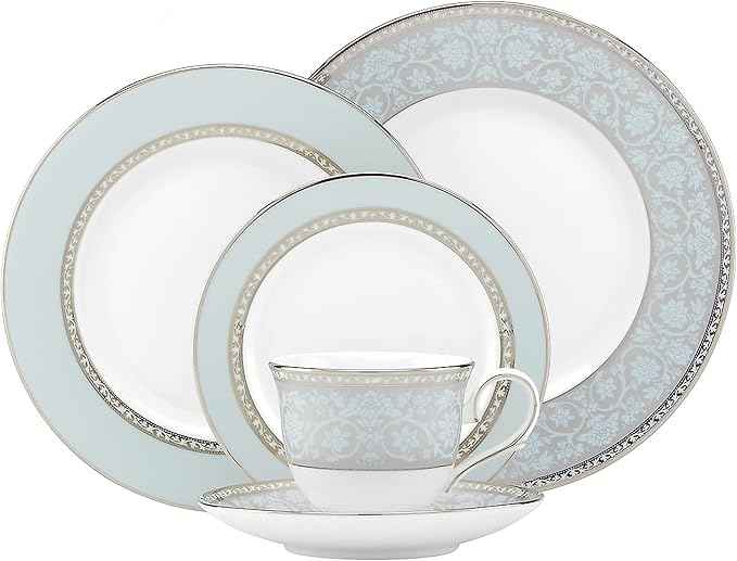 Lenox Dinnerware Set, Westmore 5-Piece Place Setting Set, Service for 1, Bone China Dinnerware, Dishwasher And Microwave Safe, Plate, Saucer, and Teacup, Kitchen and Dining (White/Blue, 5 Piece)