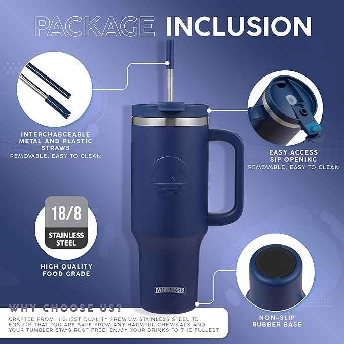 FAHRMOSIS 40 Oz Tumbler with Handle and Straw Insulated Cup that Fits in Cup Holder for Hot & Cold Drinks Leak Proof Tumbler with Straw Stainless Steel Travel Mug for Men & Women - Navy Blue