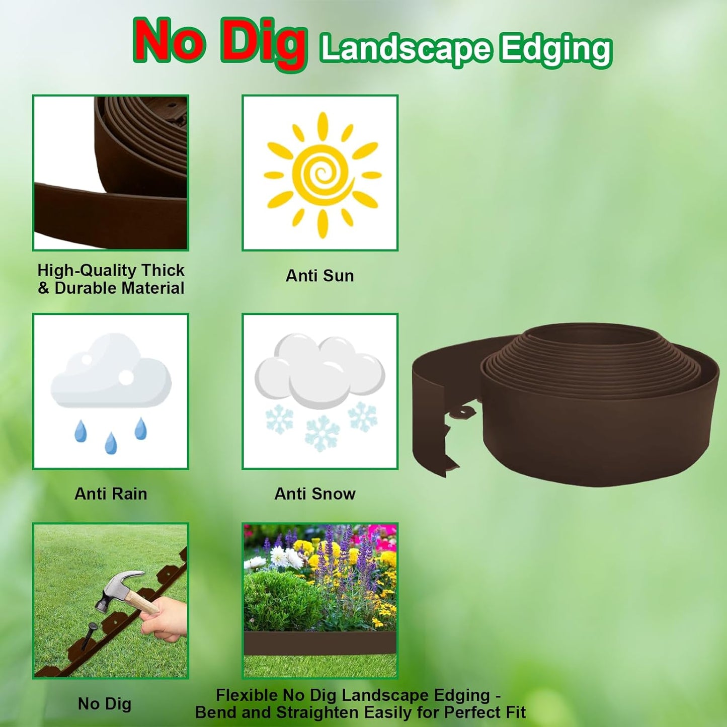 Landscape Edging Border 33 FT with 30 Spikes,No Dig Garden Edging Lawn Border [Extra Tall 4IN High],Flexible Lawn Edging for Landscaping Flower Beds Yard Pathway (Brown)