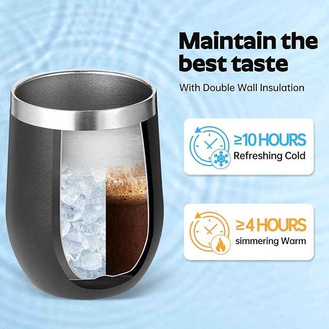 Volhoply 12oz Stainless Steel Wine Tumbler with Lid and Straw,Double Wall Vacuum Insulated Stemless Wine Glasses,Reusable Travel Coffe Mug for Cold Drinks,Small Tumblers Gifts for Women（Black,1 Set）