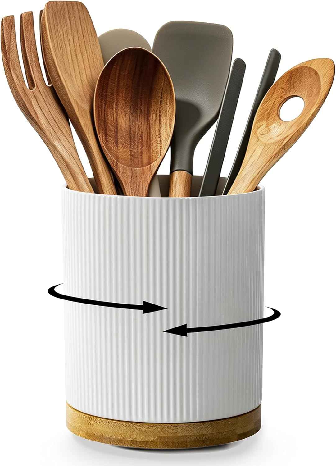 360° Rotating Utensil Holder for Kitchen Countertop, 7.76" Kitchen Utensil Holder, Rotating Utensil Crock, Extra Large Ceramic Utensil Holder for Kitchen (White)