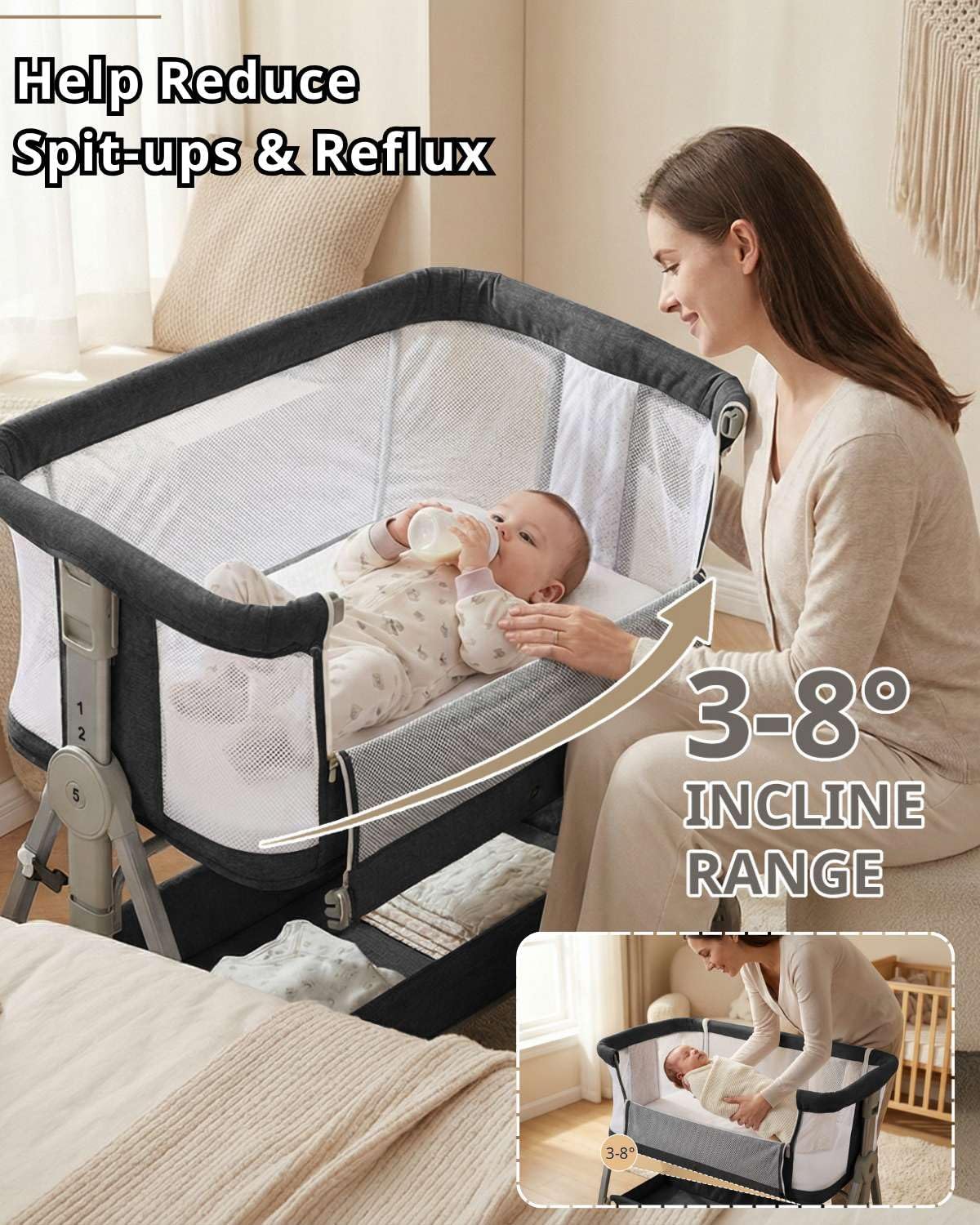 Bedside Bassinet for Baby, Sturdy 3 in 1 Bedside Sleeper with Mattress & Wheels, Height Adjustable, Breathable Mesh, Storage Basket, Easy to Assemble for Newborn, Black