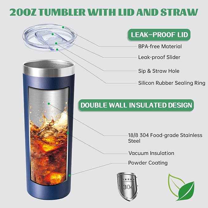 20 oz Skinny Tumbler with Lid and Straw,Stainless Steel Vacuum Insulated Tumbler Cup Double Wall Leak-proof Coffee Mug,Travel Thermal Water Tumbler for Home,Office,Outdoor(Navy Blue,1)