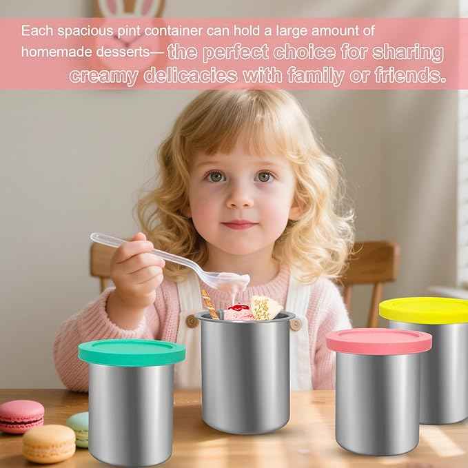 Stainless Steels Fit for Ninja Creami Containers- 4 Pack, 16oz Cups, Compatible with Ninja NC301, NC300, NC299AMZ, Fit for Ninja Creami Stainless Steel Pint, Silicone Lids, NC301 Creami Containers