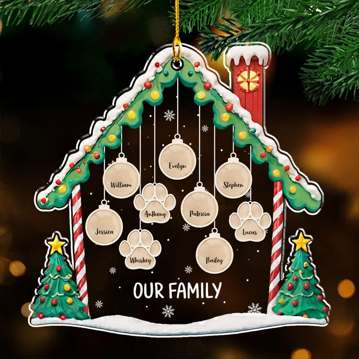 Personalized Family Christmas Acrylic Ornament 2024 - Custom Name Charms Family Members up to 10 People and Pets, Paw Charm Ornament Gifts for Family Tree Decoration (A02, 4 Names)