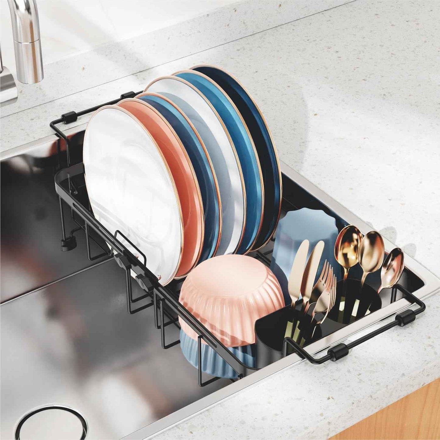 iSPECLE Small Sink Dish Drying Rack, 9.1" W Expandable Compact Rust Resistant Dish Drainer for RV Apartment Kitchen, Dish Rack with Lock Knob, Arms with Non Slip Rubber, Black