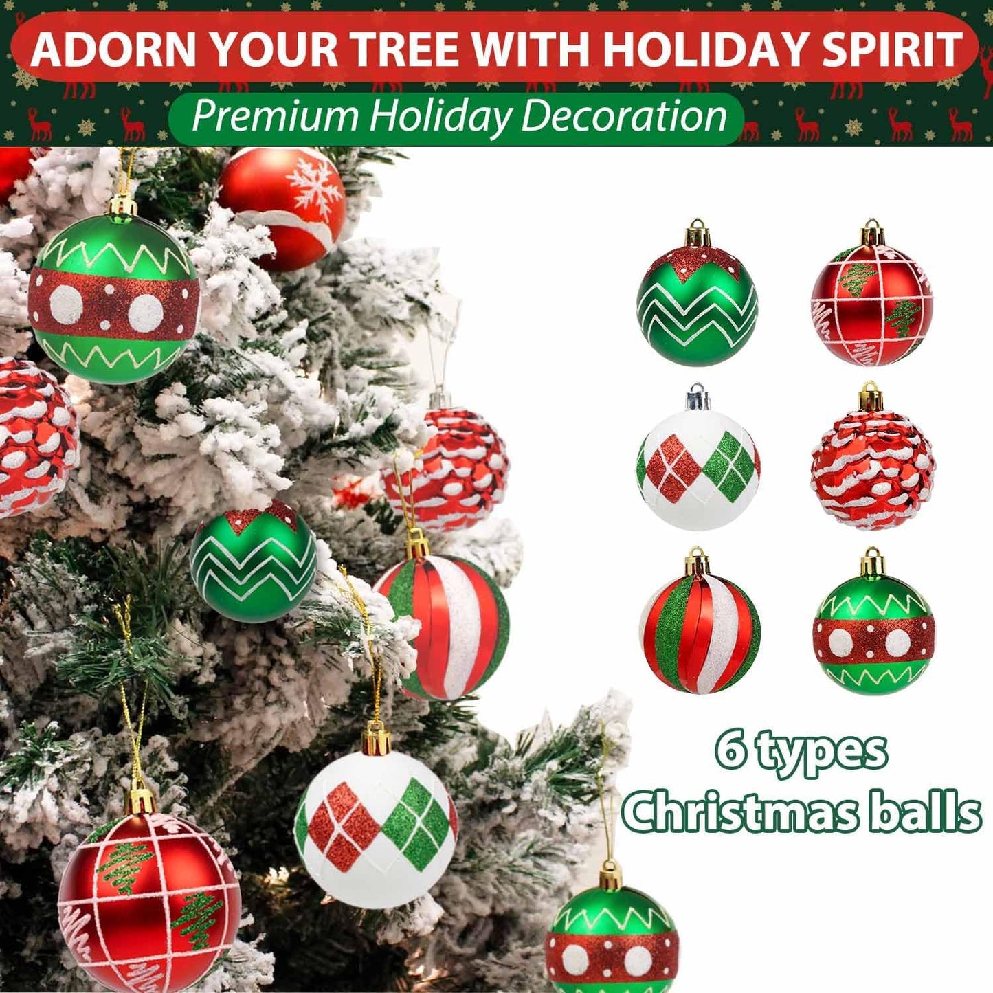 Christmas Tree Ball Ornaments 20ct Set, 2.36 Inch Red Green White Classic Christmas Decorations, Shatterproof Hanging Ornaments for Xmas Holiday Decoration (Red&Green&White)
