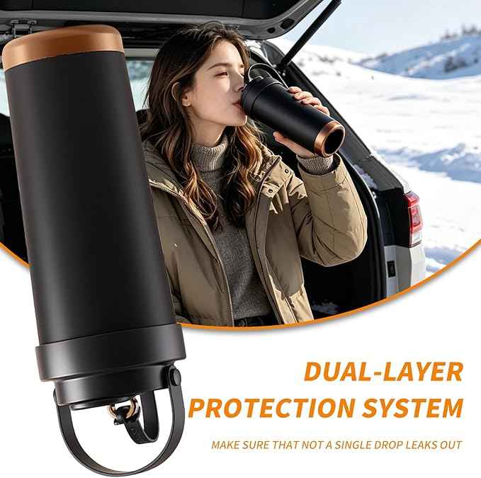 26oz Ceramic Coated Water Bottle, 3-Way Drinking (Straw/Sip/Wide Mouth), 6H Hot & Cold Insulated Water Bottle Leakproof Travel Cup with Handle - Black