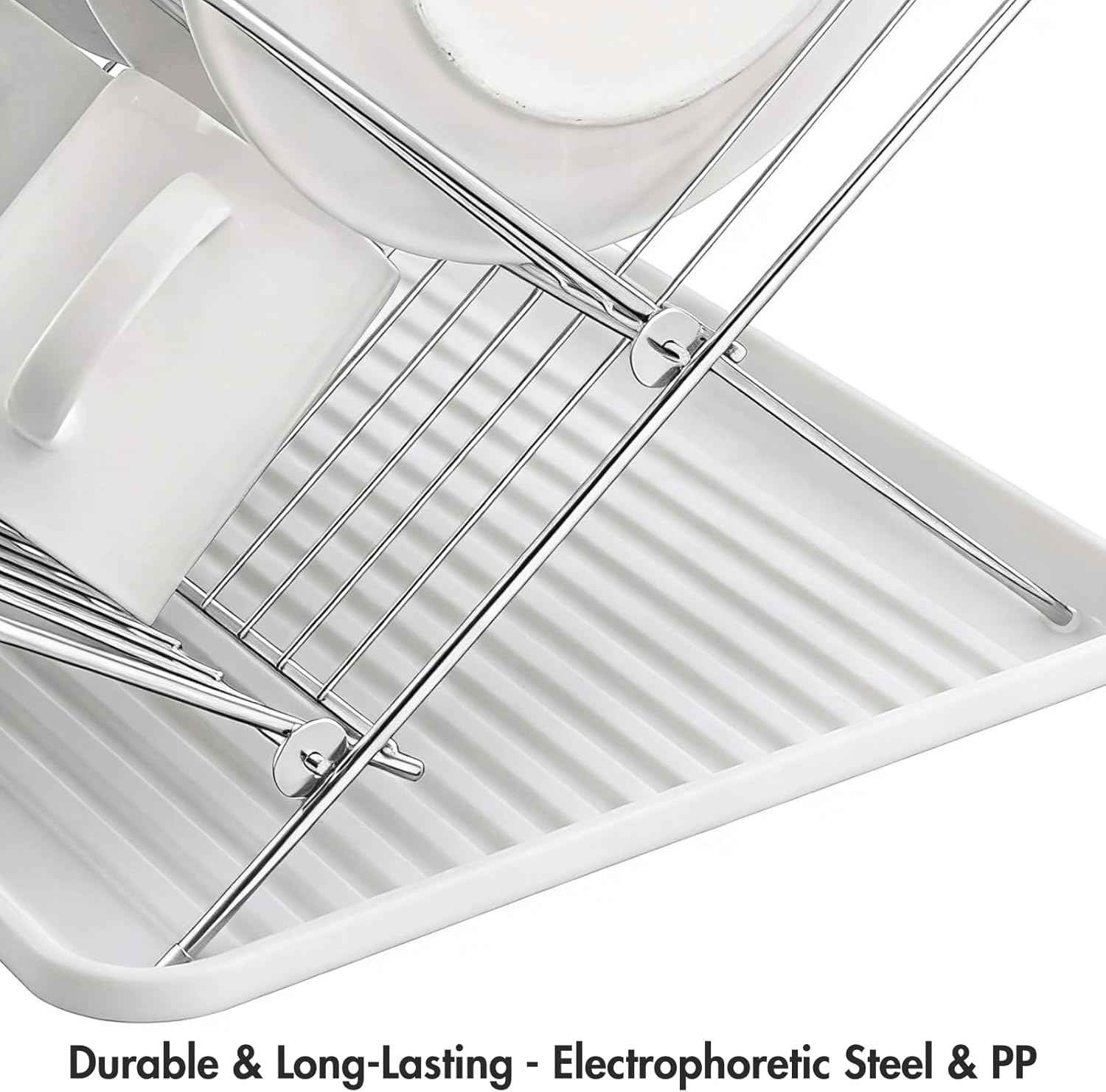 Youeon Foldable Dish Drying Rack with Drip Tray, Stainless Steel 2 Tier Dish Drainer Rack, Collapsible Dish Drainer, Folding Dish Rack for Kitchen Sink, Countertop, Cutlery, Plates, Dishes