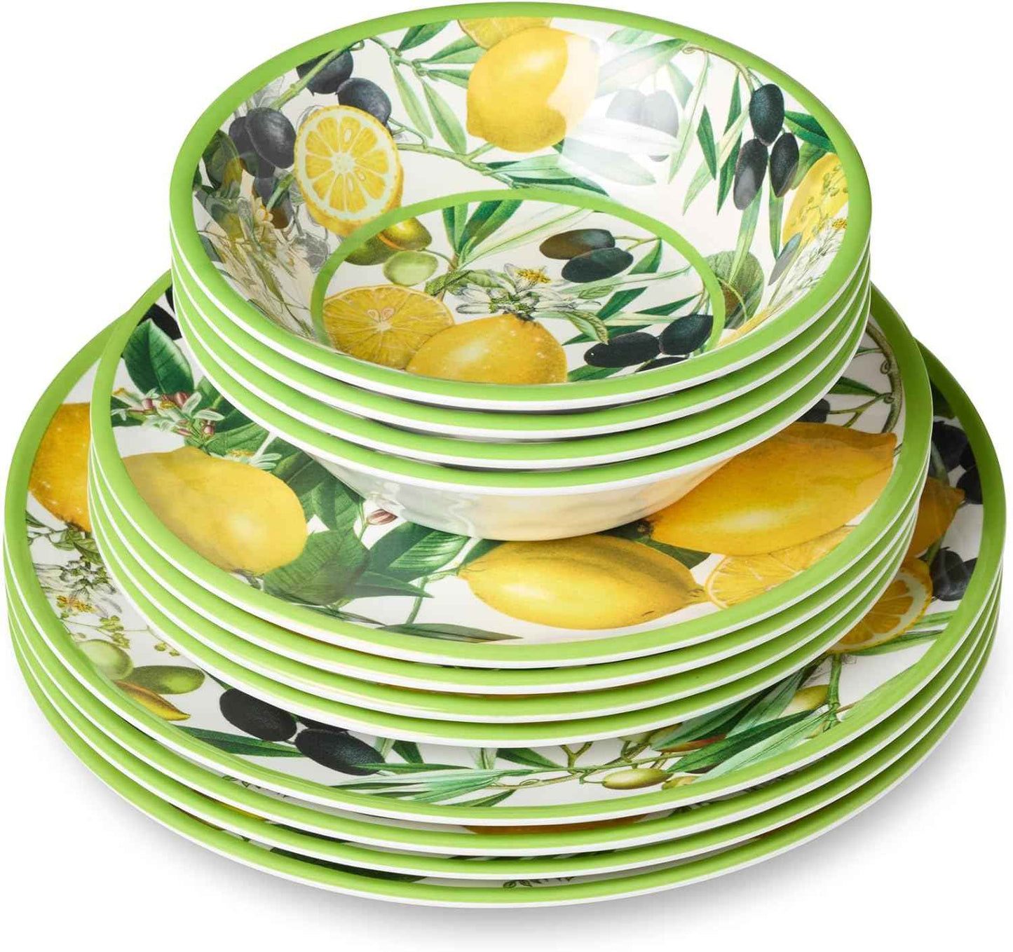 Limone 12-Piece Melamine Dinnerware Set - Citrus-Inspired, Service for 4, Durable, Shatterproof, Dishwasher-Safe Plates and Bowls for Everyday Dining, Outdoor Use, and Entertaining