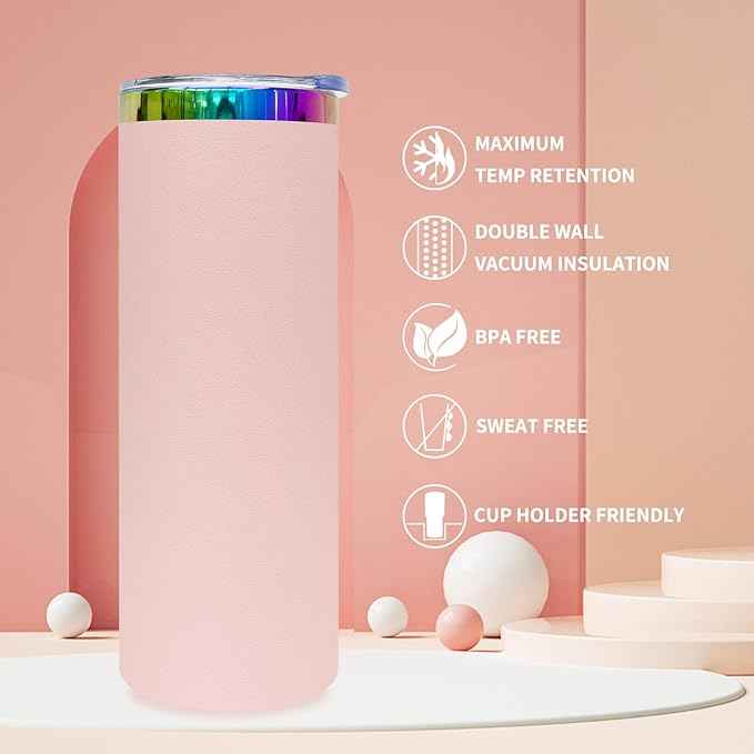 20 oz Skinny Tumblers Stainless Steel Tumbler with Lid and Straw Double Wall Vacuum Insulated Travel Coffee Mug 20oz Powder Coated Cup for Hot and Cold Drinks(Color Mix,8 pack)