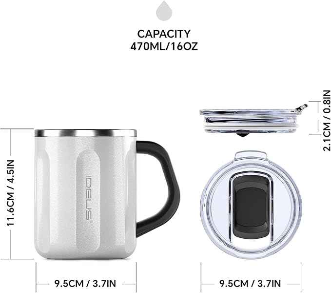 Ideus 16 oz Coffee Cup, Stainless Steel Coffee Travel Mug, Spill Proof Tea Mug with Handle and Lid, Lightweight and Durable, Great for Office Home and Outdoor Use, Snow White-FUJI FLOW