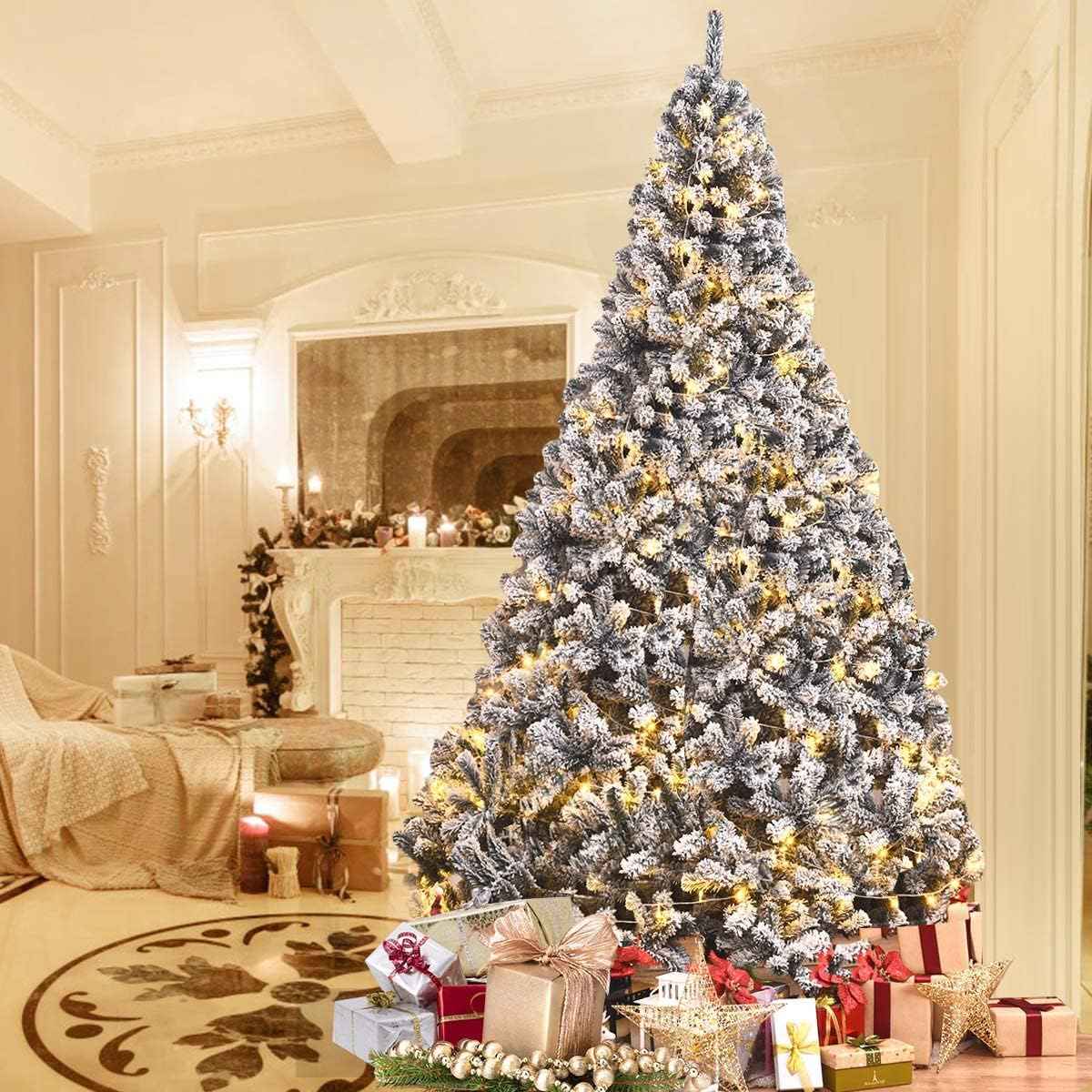 9FT Snow Flocked Christmas Tree, Artificial Pine Tree w/Premium PVC Needles & Solid Metal Stand, Xmas Full Tree for Indoor and Outdoor