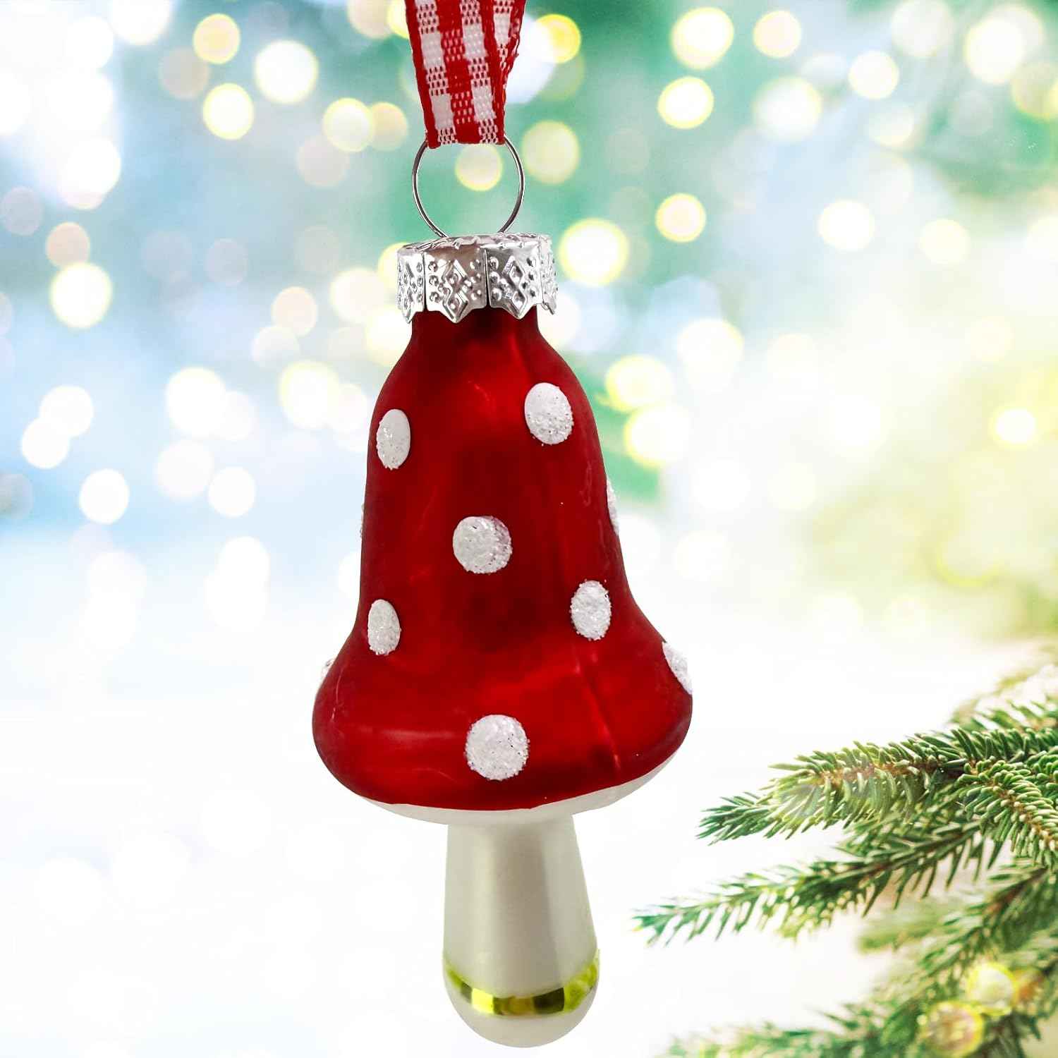 Mushroom Ornaments - Blown Glass Set of 4 Christmas Tree Decor Festive Holiday Decorations, 3 inch