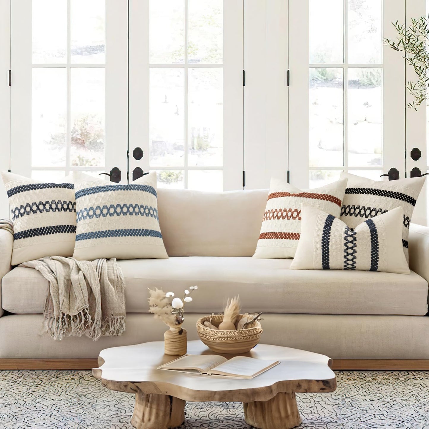 MIULEE Set of 2 Navy Blue Boho Decorative Pillow Covers 20x20 Inch Farmhouse Rustic Couch Throw Pillows Modern Spring Cotton Cushion Covers Retro Cute Macrame Woven Home Decor for Bed Sofa Chair