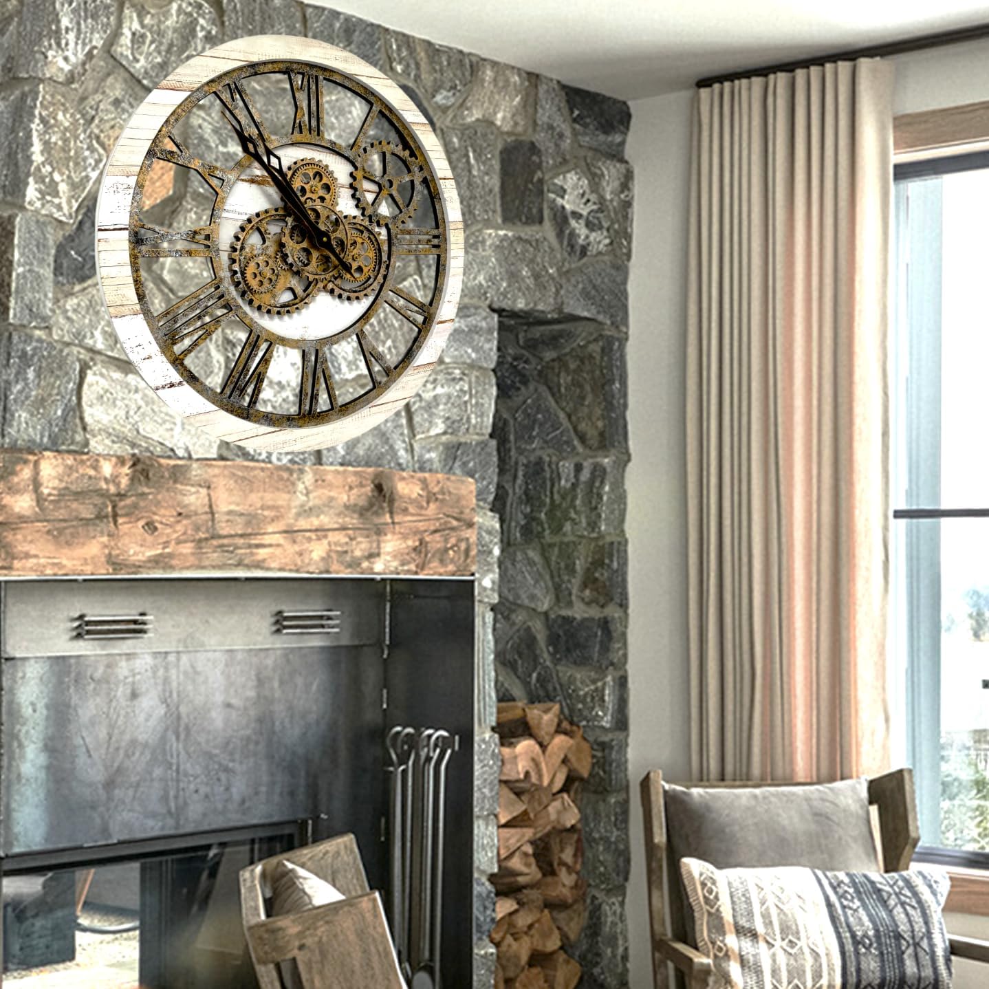 The Gears Clock The Original Real Moving Gear Wall Clock Vintage Industrial Oversized Rustic Farmhouse (24 inch (60cm), Vintage Desert Beige and Bronze)